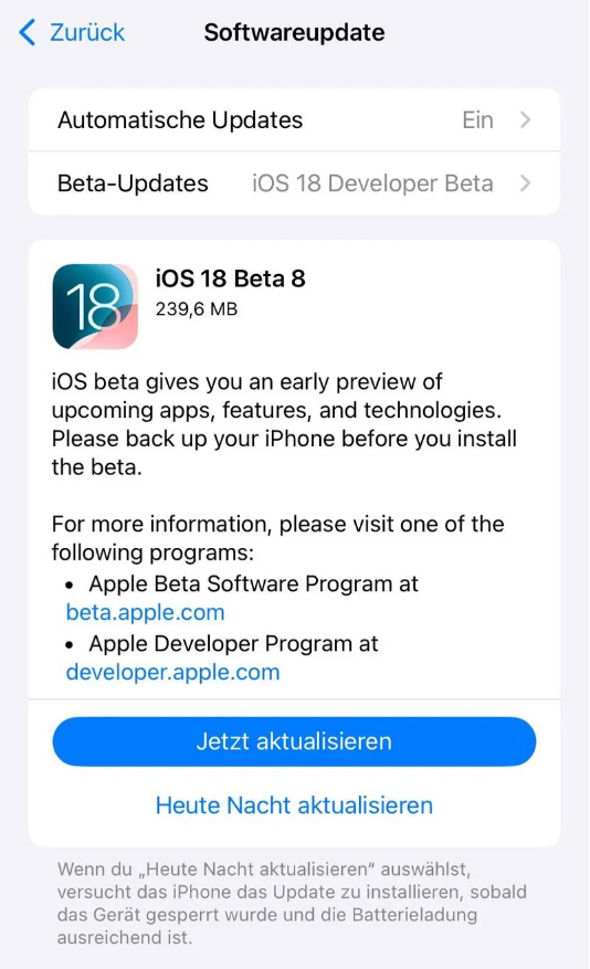 兰山苹果手机维修分享苹果 iOS / iPadOS 18 开发者预览版 Beta 8 发布 